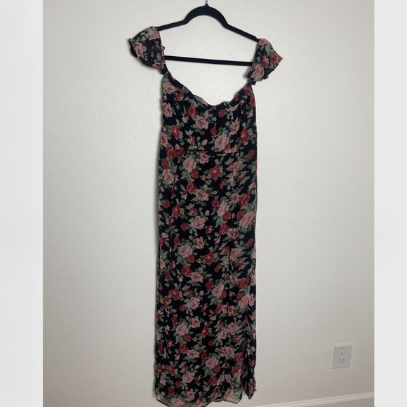 Maxi Floral Slit Puff Off Shoulder Sleeve Cottage Party Classy Elegant Hip Dress - Picture 3 of 7